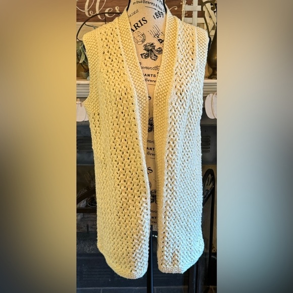 Hand Knit Vintage Crocheted Open Front Sleeveless Cardigan Cream Ivory Large - Picture 1 of 5